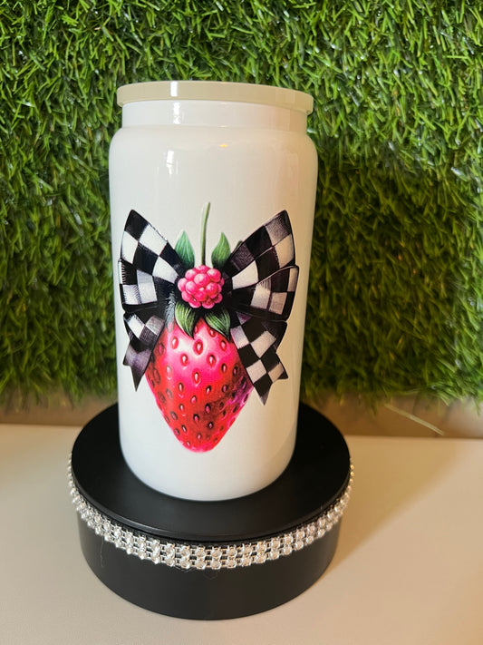 Solid white 16oz cup- Checkered strawberry
