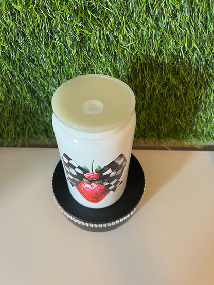 Solid white 16oz cup- Checkered strawberry