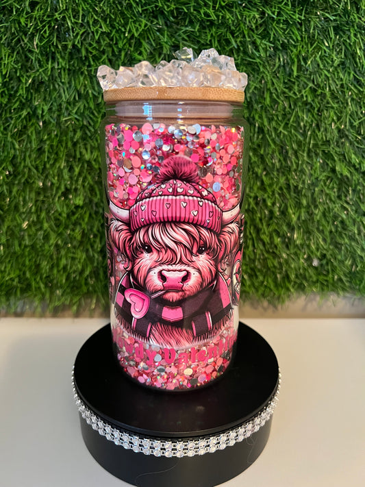 Diamond pink 16oz snow globe tumbler Highland Cow