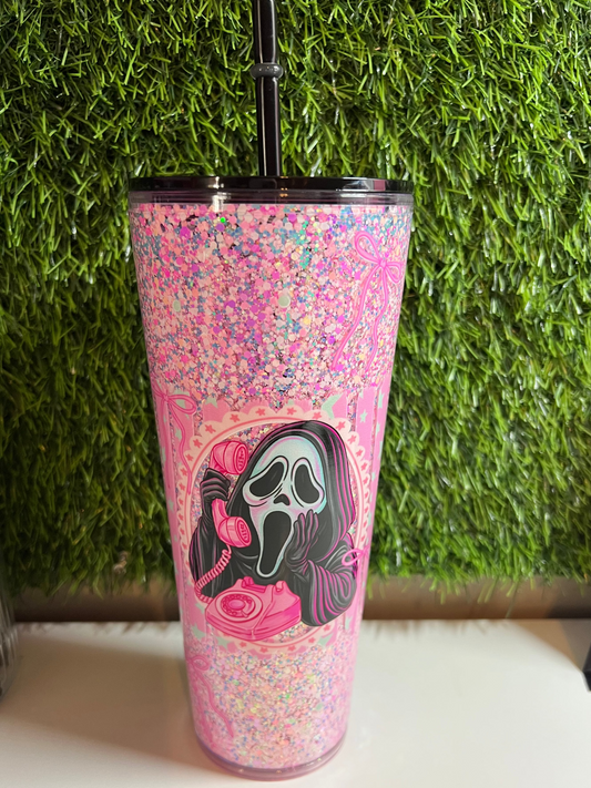 24oz Glitter Acrylic tumbler - Ghost Face -Pink