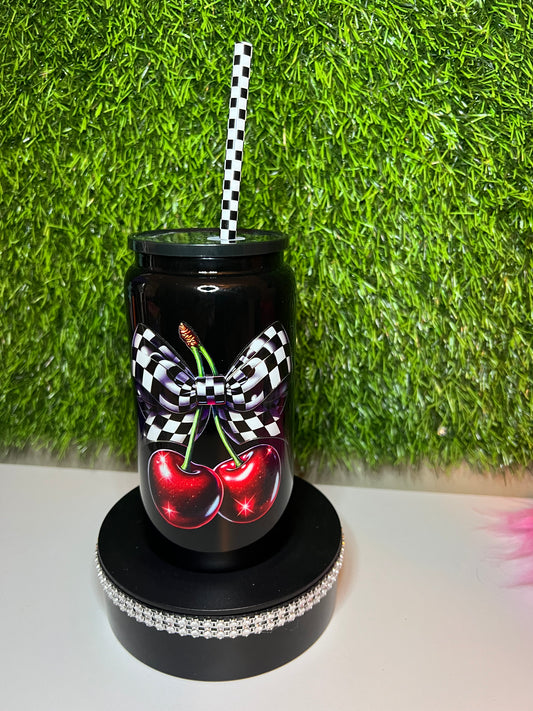 Solid black 16oz cup Checkered Cherry