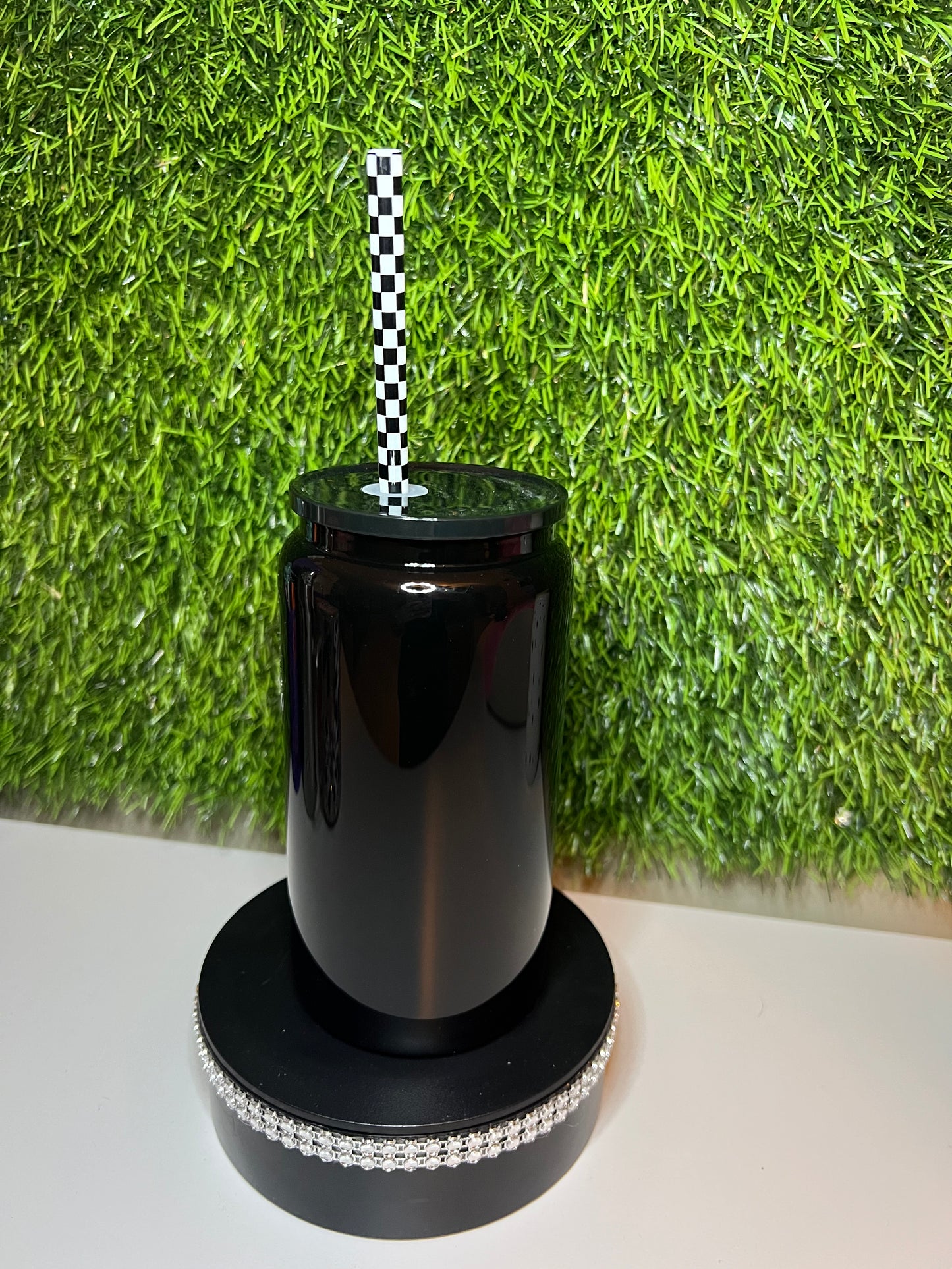 Solid black 16oz cup Checkered Cherry
